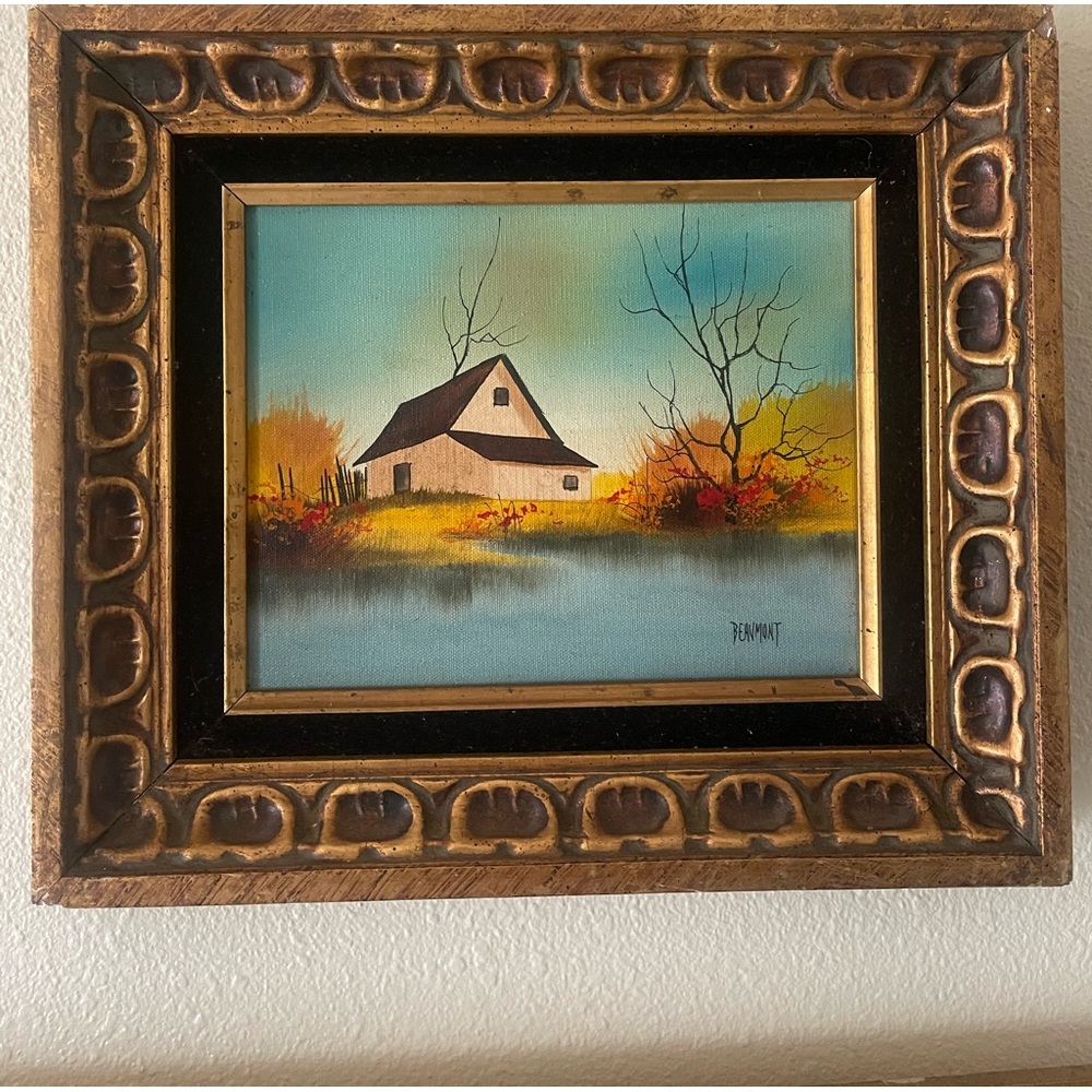 Antique Oil Painting 1904 Signed J A Beaumont Canvas Fishing Countryside house